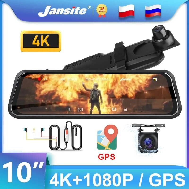 [해외] 룸미러 후방 카메라 사이드 Jansite-10 자동차 DVR 4K 대시 캠 터치 스크린 스트림 미디어 2160P 듀얼 렌즈 타임 랩스 비