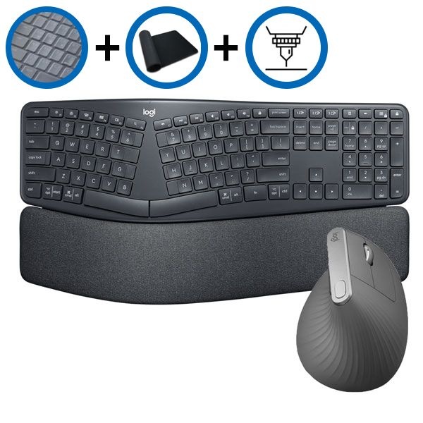 키스킨+장패드+각인서비스 로지텍 K860 + MX Vertical 버티컬 인체공학 무선 키보드 마우스 세트