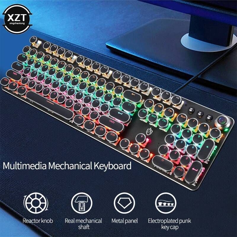 [해외] 무선 기계식 블루투스 키보드 레트로 펑크 104 키 안티 고스팅 USB 유선 게임 RGB 백라이트 컴퓨터/노트북
