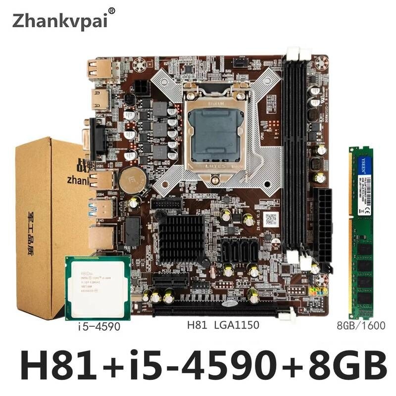 [해외] 마더보드 메인보드 Re컨디셔너 H81 LGA 1150 마더 보드 세트 인텔 Cori5-4590 CPU DDR3 8GB 1600MHz 데스크탑 메모리 VGA