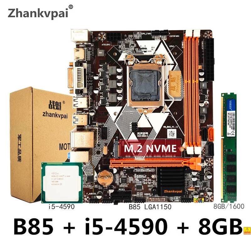 UnKnown [해외] 마더보드 메인보드 리퍼브 Zhankvpai B85 LGA1150 마더 보드 세트 인텔 코어 i5-4590CPU 3.3GHz 데스크탑 메모리 DDR3 8 기가