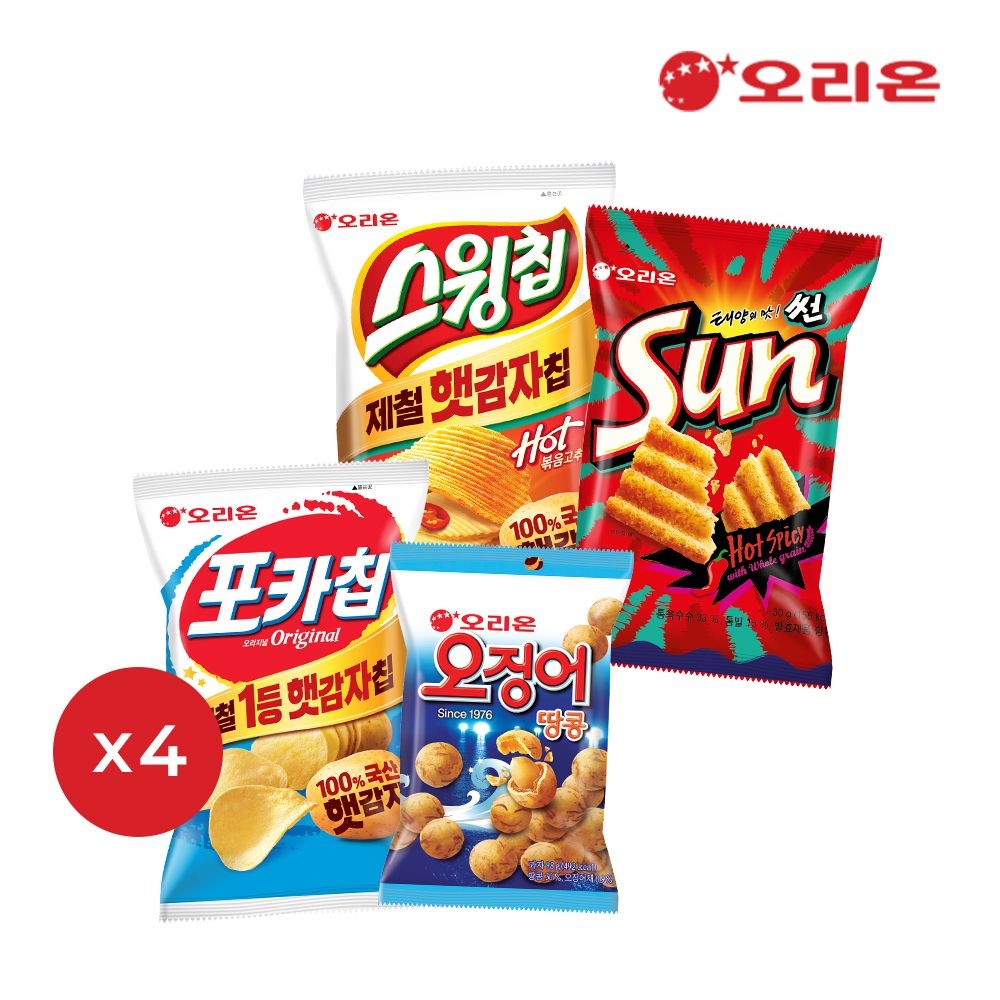 [딜크릿] 오리온 베스트 스낵세트(4종16봉, 햇감자 포카칩4+오땅4+스윙볶음고추장4+썬핫4)