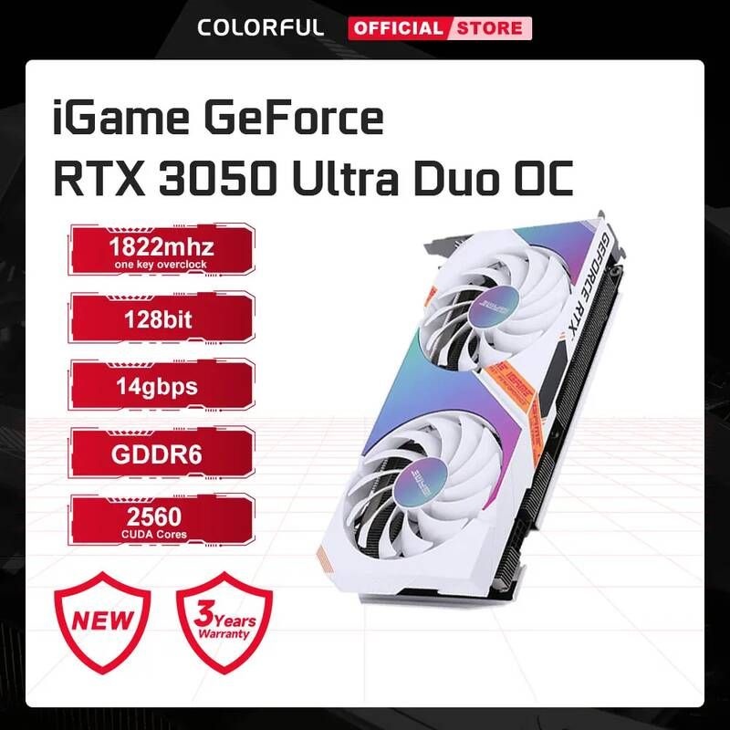 [해외] RTX 3050 그래픽 카드 다채로운 iGame GeForce 8GB GDDR6 128 Bit 14 Gbps PCIE 4.0 데스크탑 게임용 비디오 NVIDIA GPU