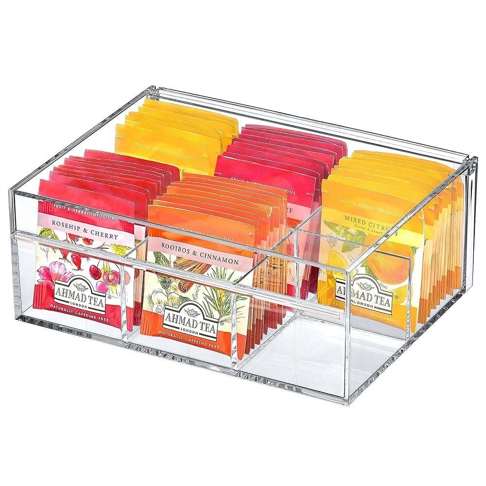 Amazing Abby [해외] Amazing Abby - Tea-Rrific Acrylic 6-Compartment Tea Bag Organizer Clear Plastic Box 6-Slot Chest Perfect Storage Solution for Kitchen Cabinet Countert