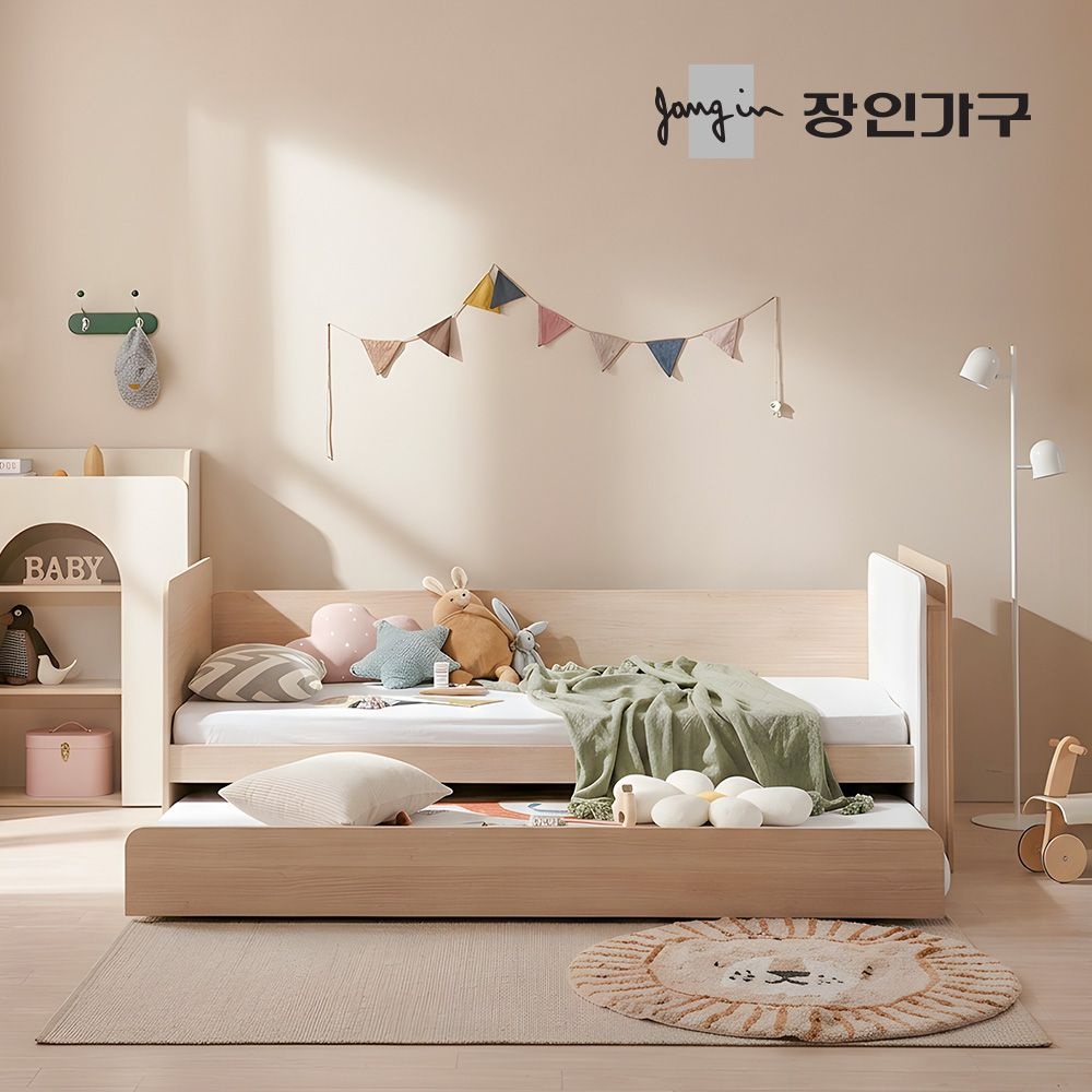 장인가구 뉴피터 LED 패브릭헤드 E0 슬라이드 2단침대 침대프레임 S+낮은포켓+7존포켓