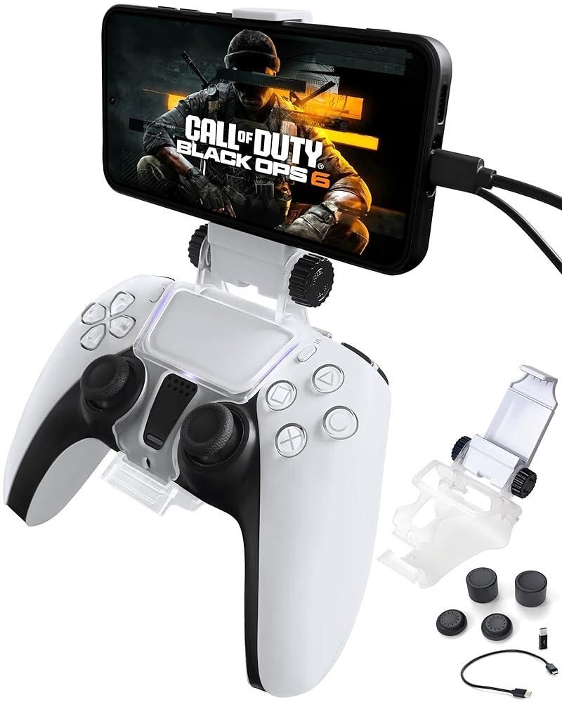 [해외] Joso Phone Mount for PS5 Controller Remote Play Mobile Gaming Holder Dualsense Adjustable Gamepad Clip with 4 Thumbstick Grips [호환]