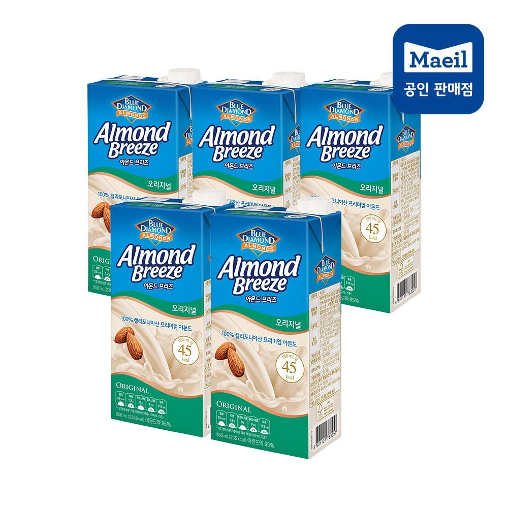 아몬드브리즈 매일유업 950ml 5팩 오리지널 식물성 단백질 아몬드 두유 대용량 (언스위트 950ml 5팩)
