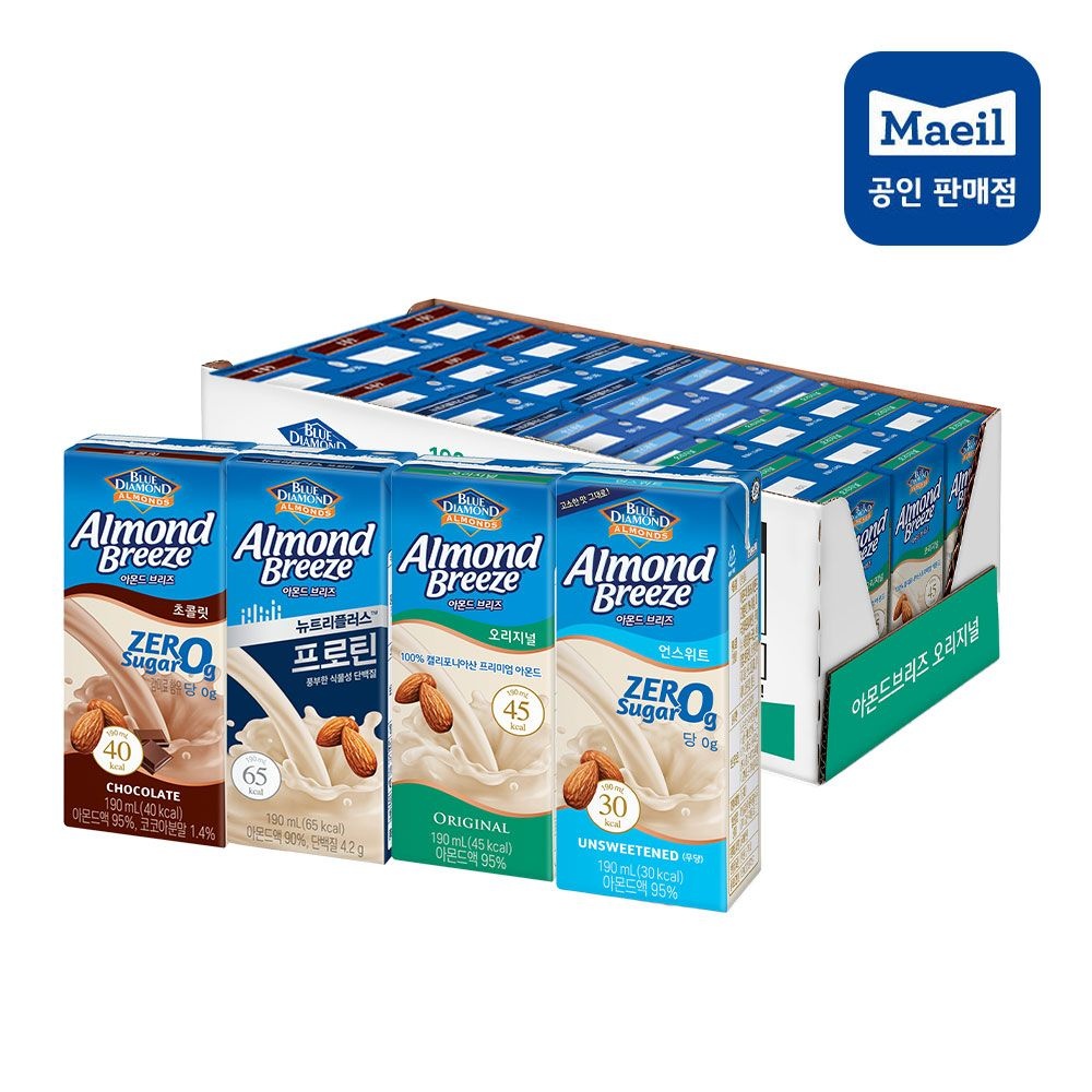 아몬드브리즈 190ml 24팩 4종 혼합 오리지널 언스위트 프로틴 초코 아몬드 음료 (2종(오리지널+언스위트) 각12팩)