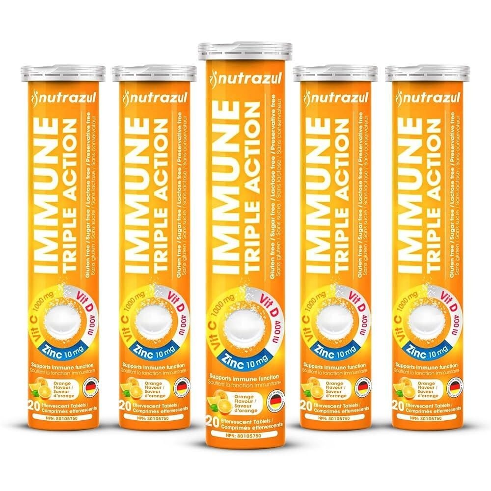 Nutrazul 면역 트리플 액션 발포성 태블릿 C 1000mg D 아연 일상 생활 지원 비건 글루텐 프리 무설탕 락토스 오렌지 맛