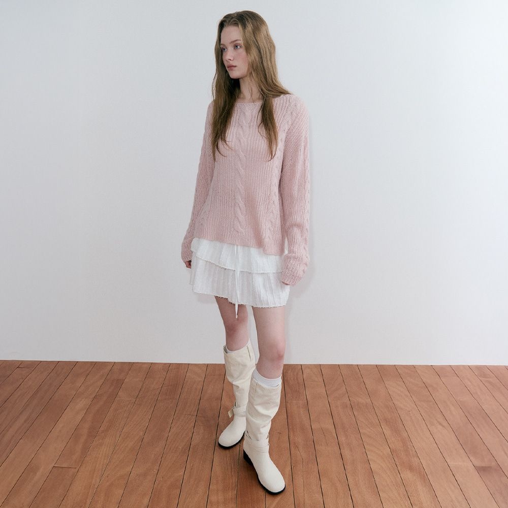 [11/6 예약배송] Boat-Neck Cable Knit Pullover, Light Pink