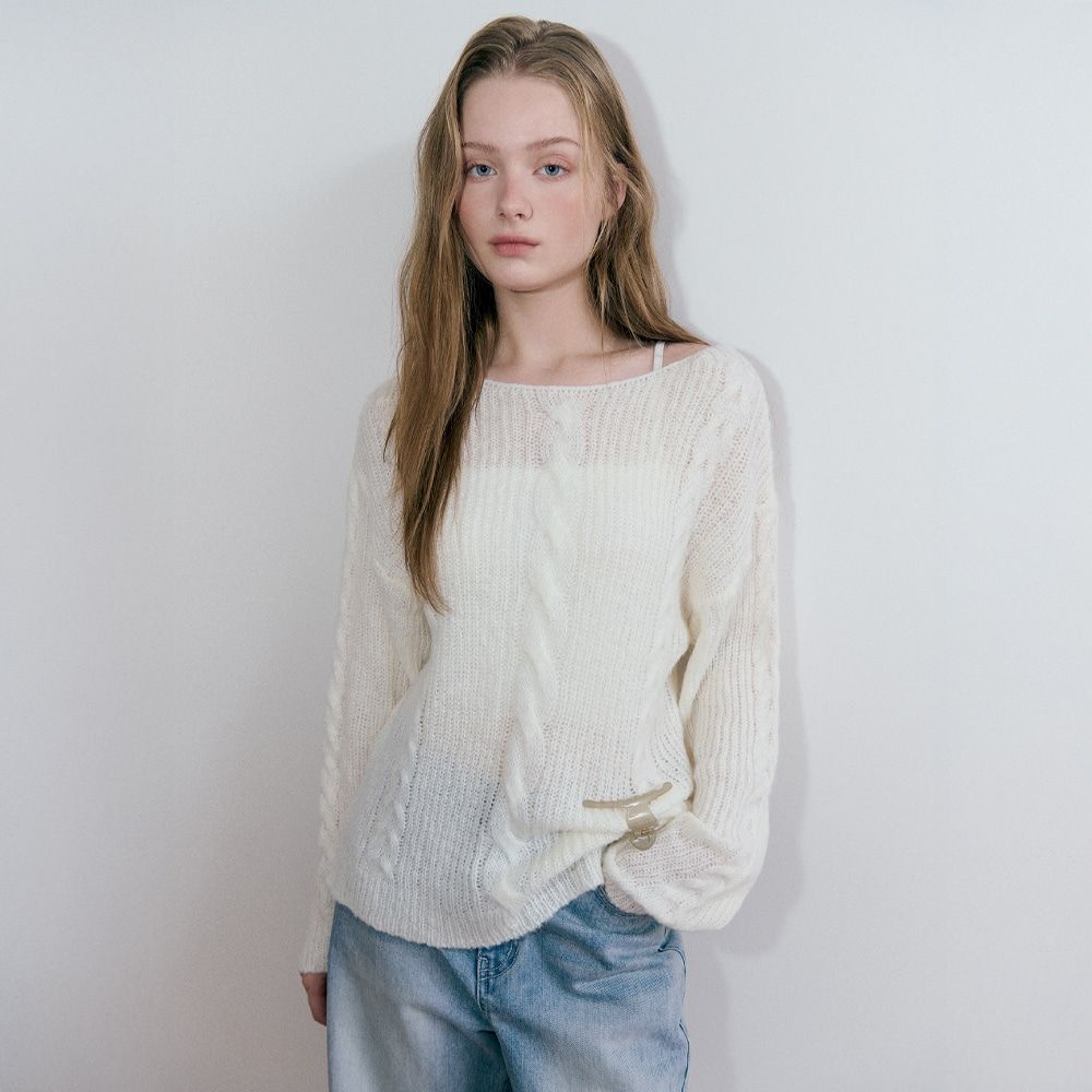 에트몽 Boat-Neck Cable Knit Pullover, Ivory