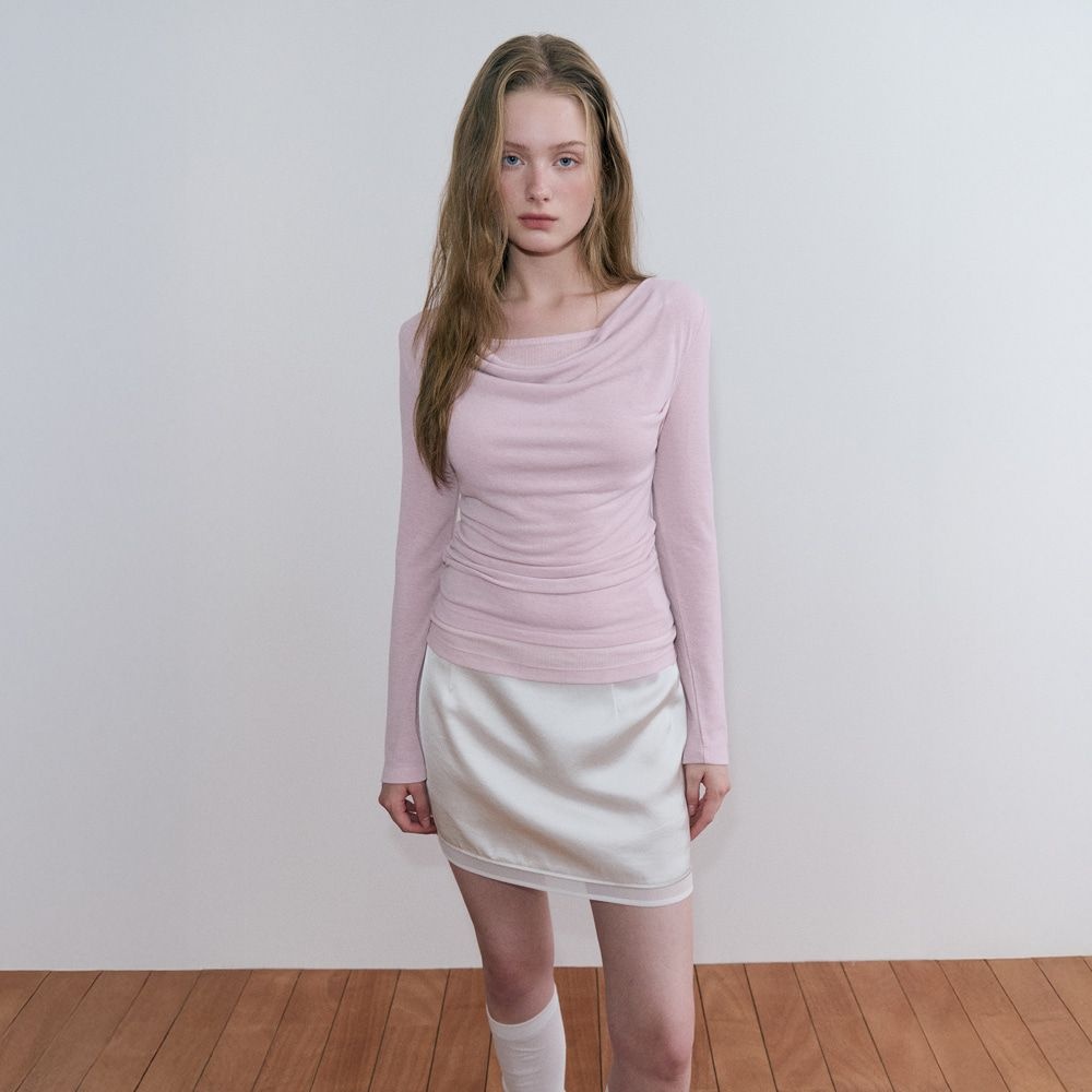 Cowl Layered Shirring T-Shirt, Pink