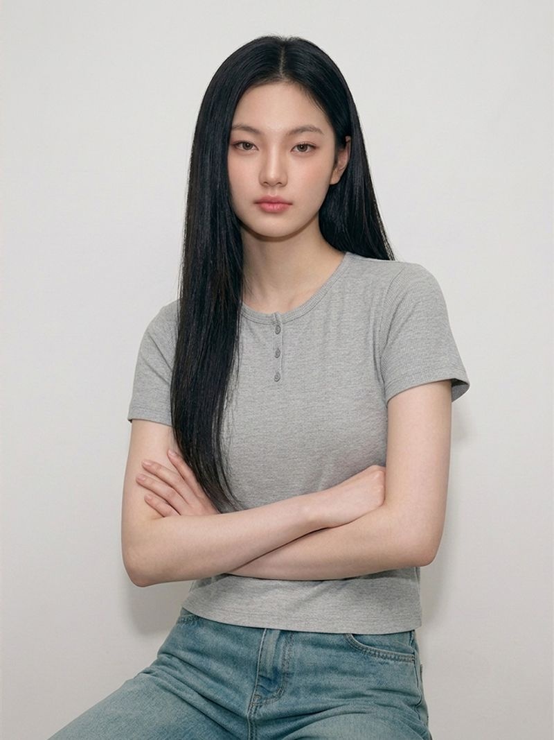 HANGTEN TEENS HANGTEN TEENS 틴즈 여아 슬림핏 웨일 헨리넥 반팔 티셔츠_055(14570-131-419-05)