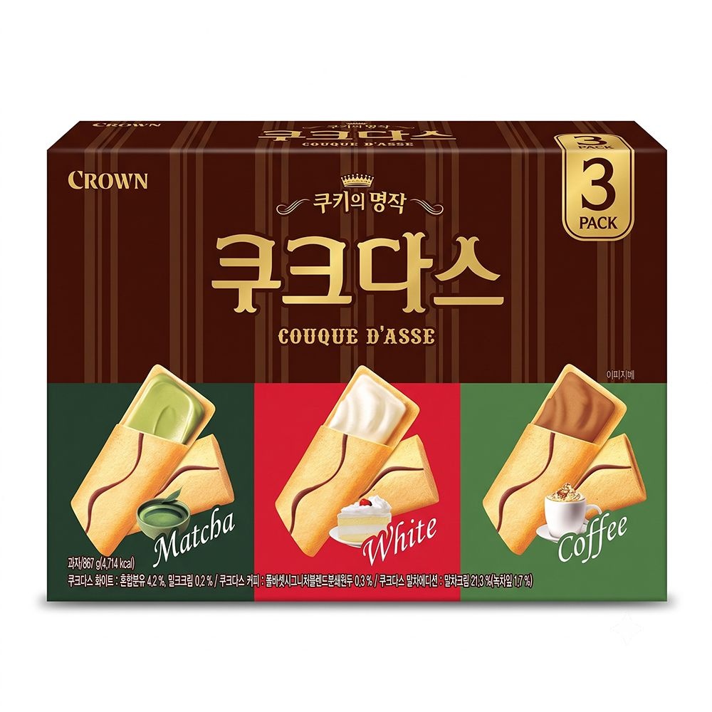 크라운 쿠크다스 베스트 플레이버 289g x 3팩 코스트코 대용량 말차 화이트 쿠키 과자 개별포장 사무실간식