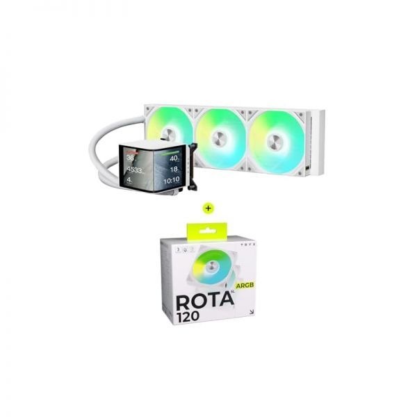 [해외] TRYX 트릭스 파노라마 360 ARGB 화이트 곡면 스크린 360mm 일체형 수랭 쿨러 ROTA SL 3in1 120mm 케이스 팬 번들 255437