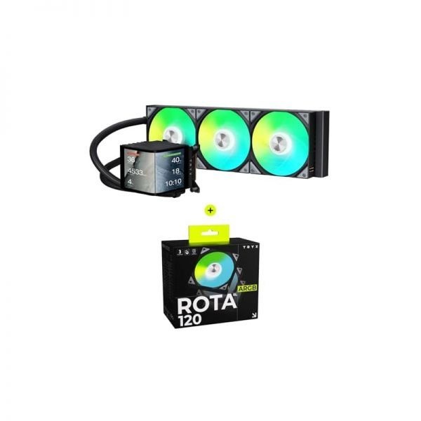 [해외] TRYX 트릭스 파노라마 360 ARGB 곡면 스크린 360mm 일체형 수랭 쿨러 ROTA SL 3in1 120mm 케이스 팬 번들 255431