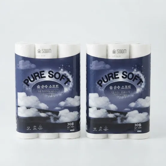숨 순수 소프트 3겹 30m 30롤 2팩 100% 천연펄프 무형광 화장지 대용량 구성
