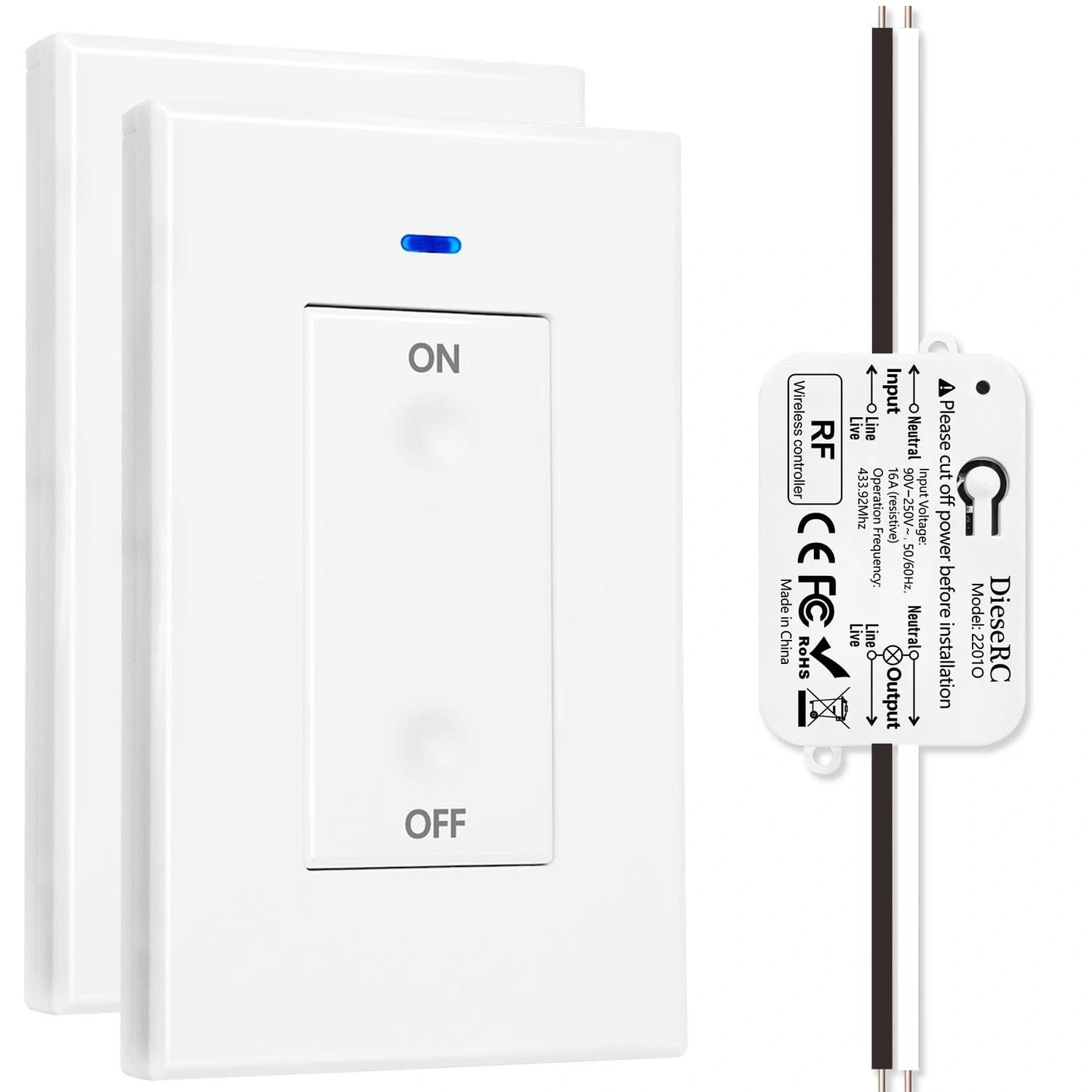 DieseRC AC 110V 120V 220V 240V 무선 리모컨 조명 스위치 1500W 1채널 433Mhz RF 릴레이 수신기, 2개의 송신기 포함, 전구용