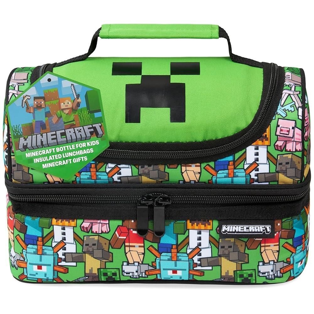Minecraft [해외] Minecraft 단열 런치 백 크리퍼 박스 학교 용품 음식 캐리어 간식 피크닉 해변 데이 여행 게이머 선물 블랙/그린 [호