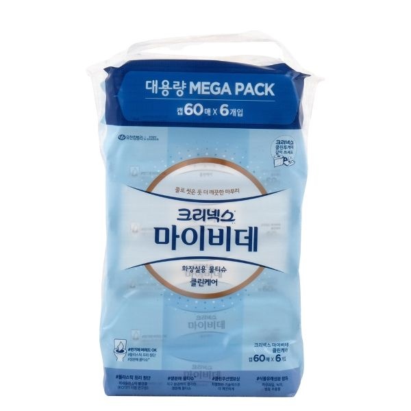 크리넥스 마이비데 클린케어 화장실용 물티슈 캡형 60매 6개