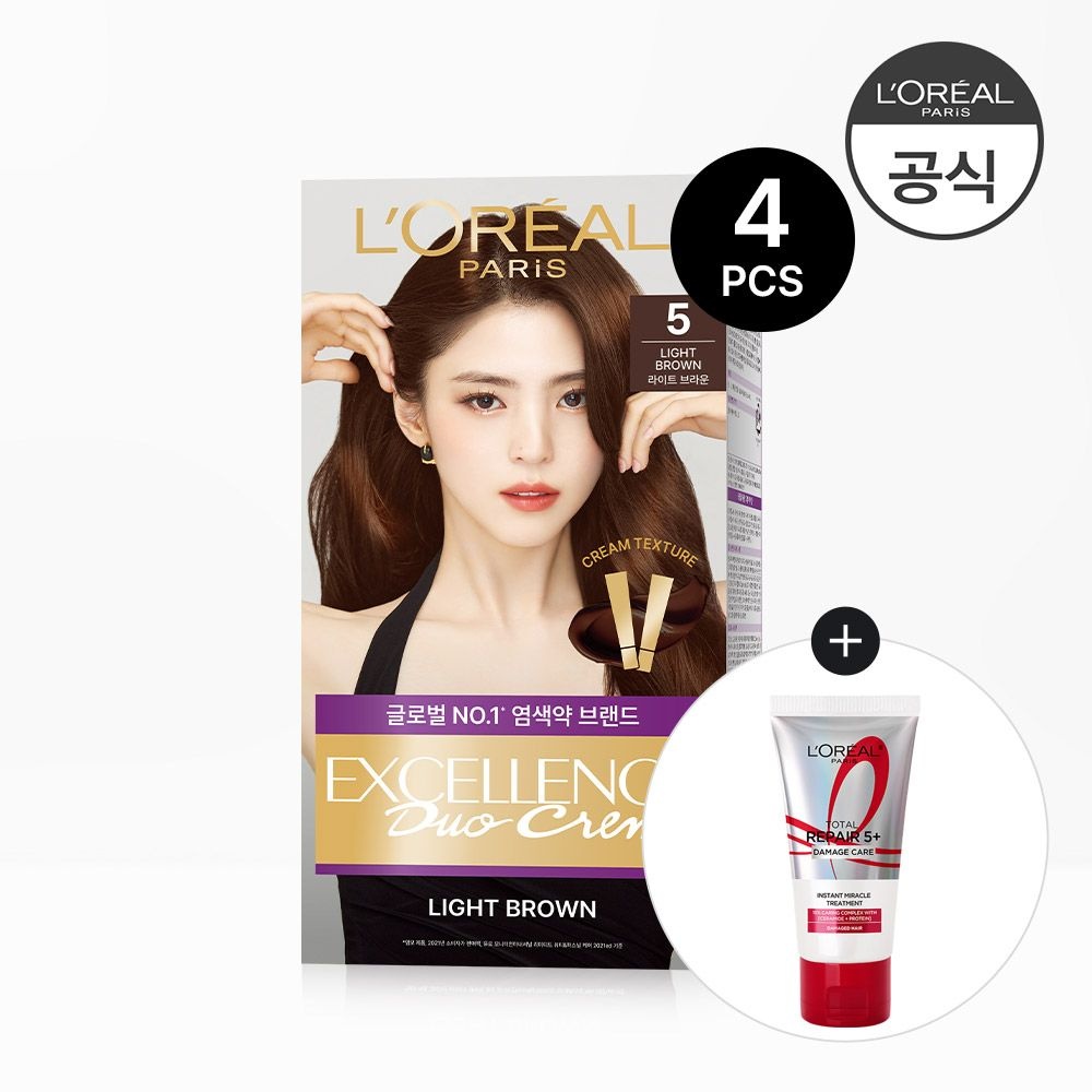 [뷰세라][APP전용] 로레알파리 엑셀랑스 듀오크림 나눠쓰는 새치염색약 4개 (증)TR5 헤어팩50ml (4NB(3호 흑갈색) x4)