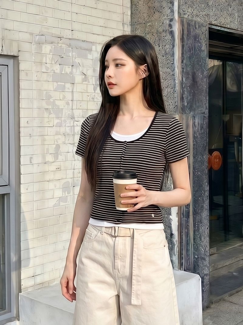 HANGTEN 백화점매장판 행텐 HANGTEN 여성 스트라이프 가디건 레이어드 반팔 티셔츠_100(10570-131-411-69) 320277