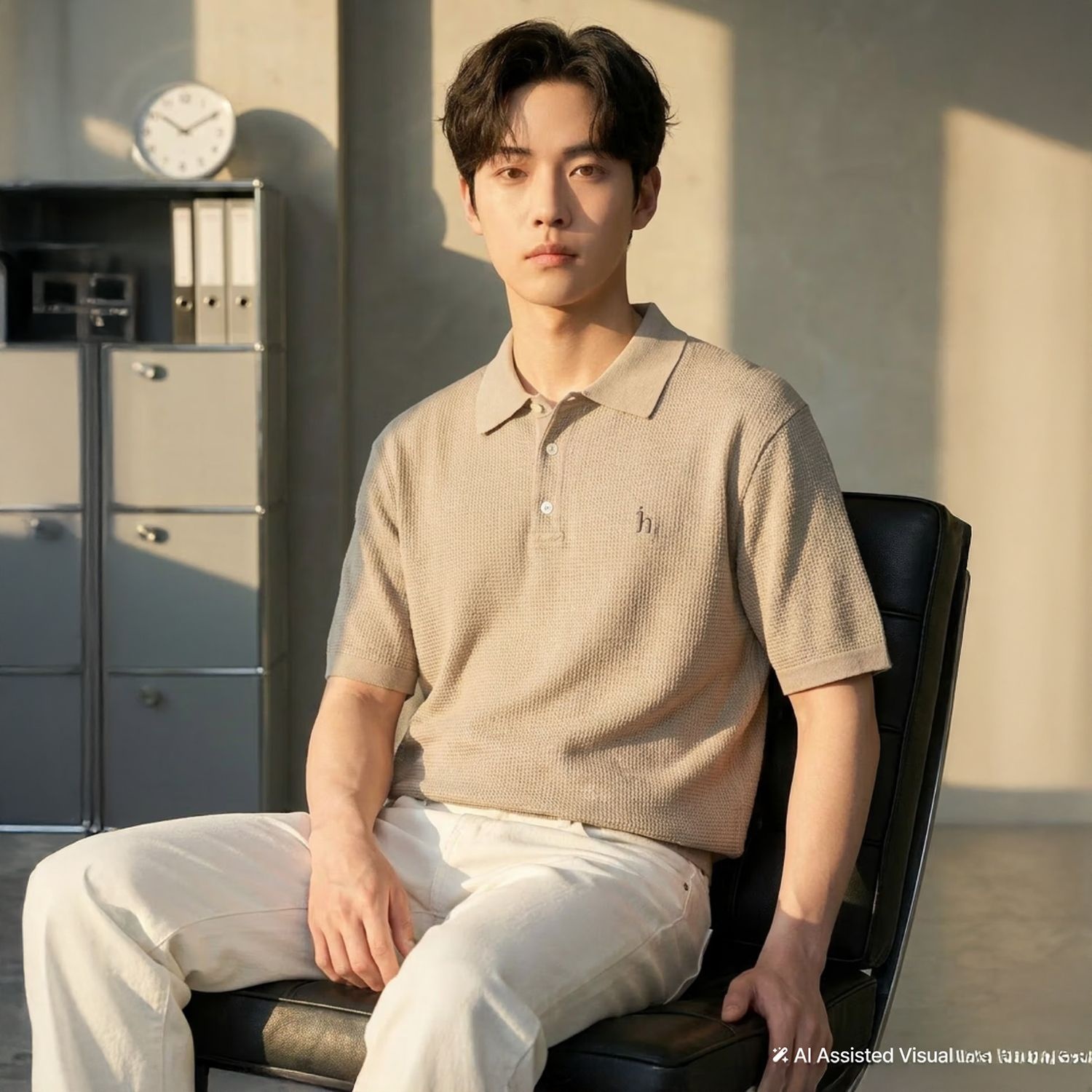 남성 로고자수 면혼방 반팔니트 HZSW6B552I2