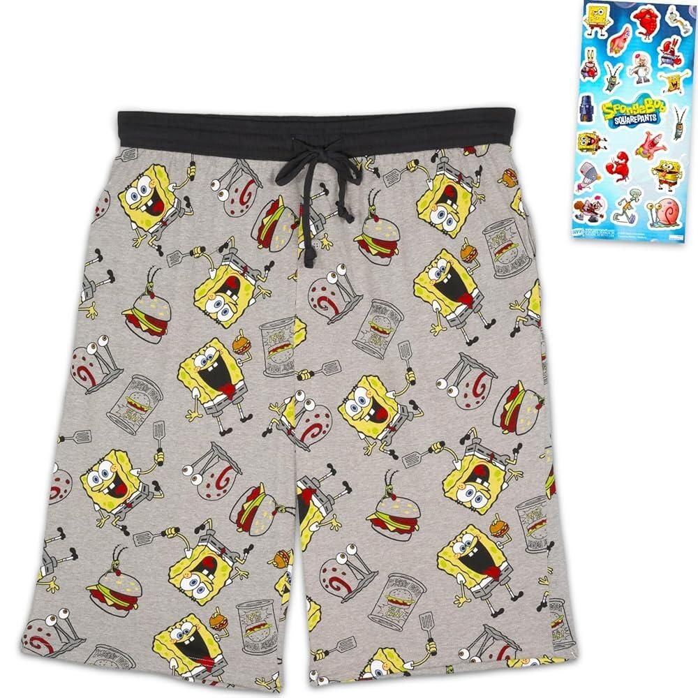 SpongeBob SquarePants [해외] SpongeBob SquarePants 스폰지<b>밥</b> 파자마 반바지 트 - XL 1쌍 번들 96.5-106.7cm38-42인치 허리 슬리퍼 플러스 <b>스티커</b> 레트로 니