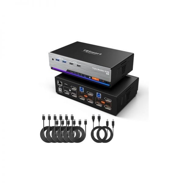TESmart [해외] TE스마트 DP KVM 스위치 3개 모니터 2대 컴퓨터 연결 가능 8K 60Hz USB 3.0 지원 DisplayPort 1.4 EDID 1G 이더넷 핫키 4K 144Hz 게