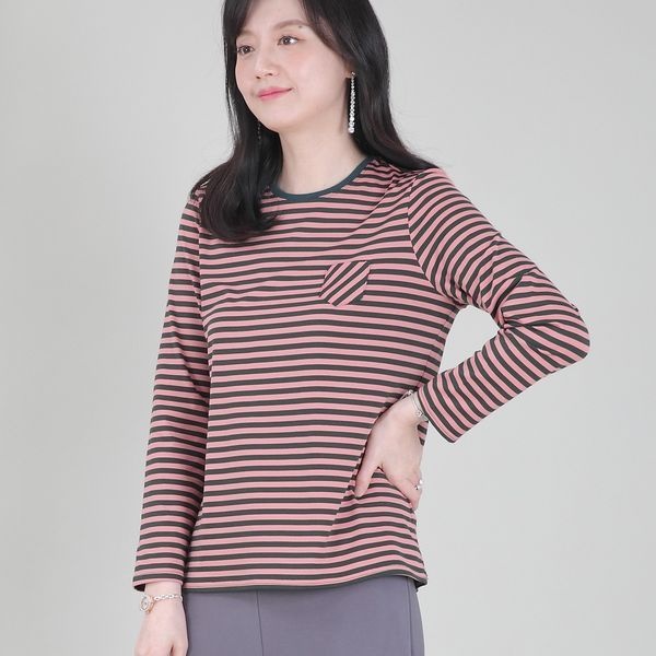 애비뉴투지 애비뉴투지 [하프클럽]애비뉴투지 엄마옷 코트나 보송 기모 단가라 스트라이프 가을 겨울 라운드 긴팔 포켓 티셔츠 A10405