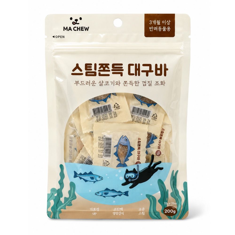 맛츄 스팀쫀득 대구바 200g(20p) 강아지 고양이 간식 대구 통살 트릿 낱개포장