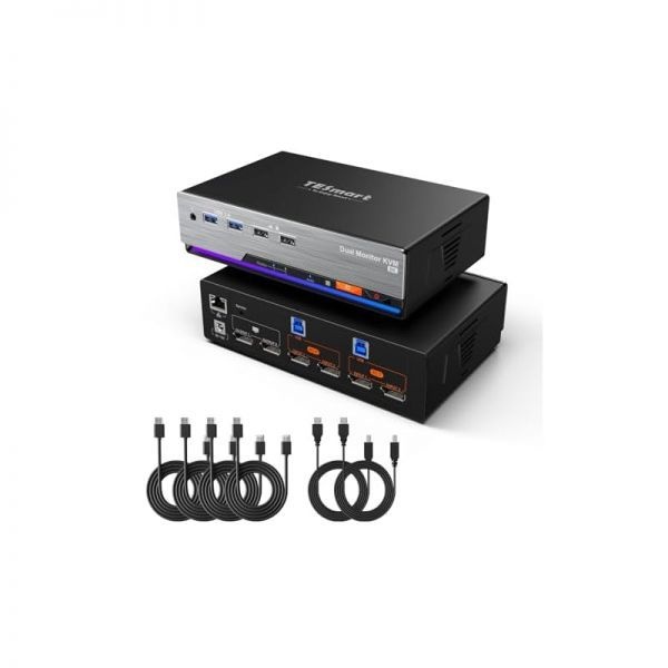 TESmart [해외] TE스마트 8K 60Hz DP KVM 스위치 모니터 2개 컴퓨터 2대 연결 가능 EDID 지원 1.4 4K 144Hz 듀얼 게이밍 도크 USB 3.0 기가비트
