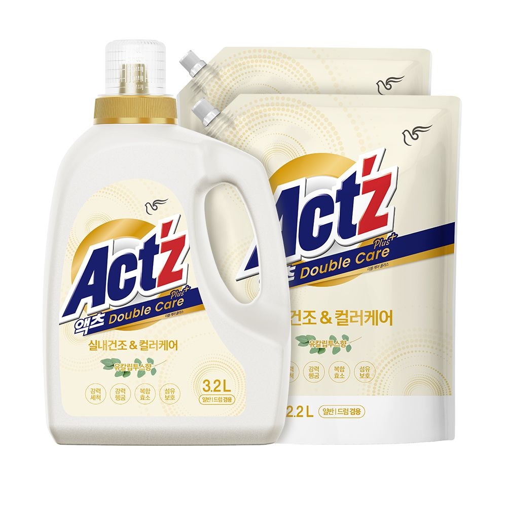 [단독구성] 액츠 더블케어 플러스 세탁세제 3.2L X 1개 + 2.2L 리필 2개 (더블케어 3.2L 1개 + 2.2L 리필 2개)