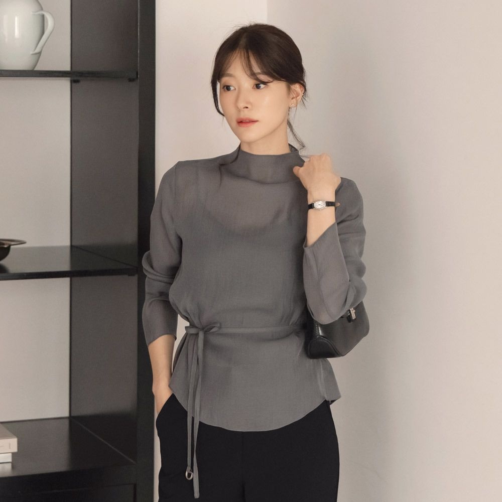 (~XXL까지) 무엘라 하이넥 벨트 시어 블라우스 가을 봄 하객룩 오피스룩 데이트룩 자체제작 빅사이즈