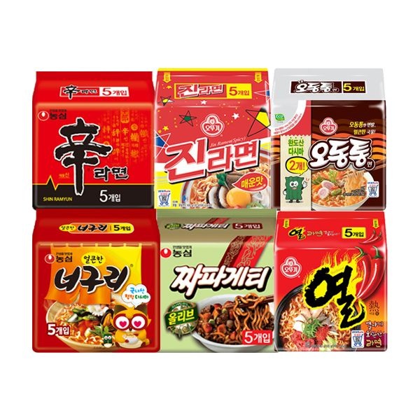 농심 (현대Hmall) 농심 신라면5개+너구리5개+짜파게티5개+오뚜기 진라면매운맛5개+열라면5개+오동통면5개