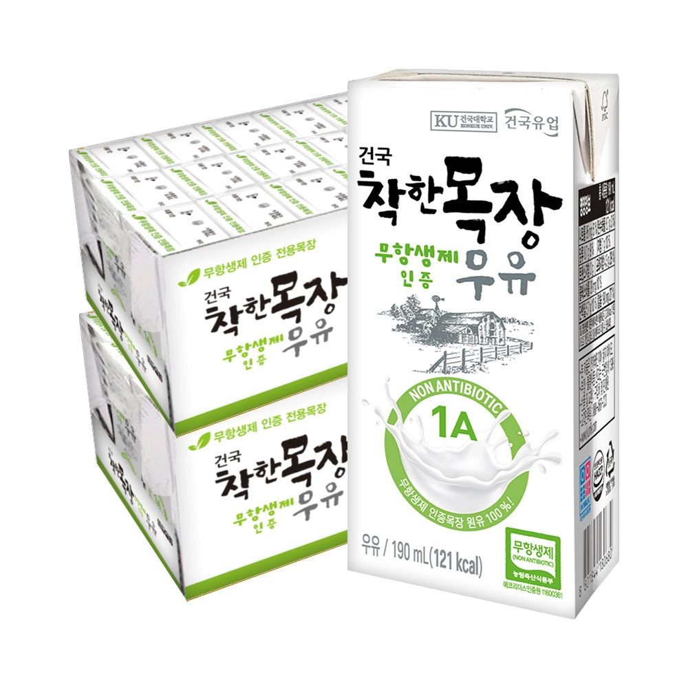 (현대Hmall) 건국유업 건국우유 착한목장 무항생제 우유 190ML 48팩