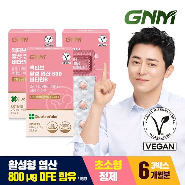 (현대Hmall) [비건인증/총 6개월분] GNM 액티브 활성 엽산 800 비타민B 3박스 / 비타민C 아연 임산부 Quatrefolic