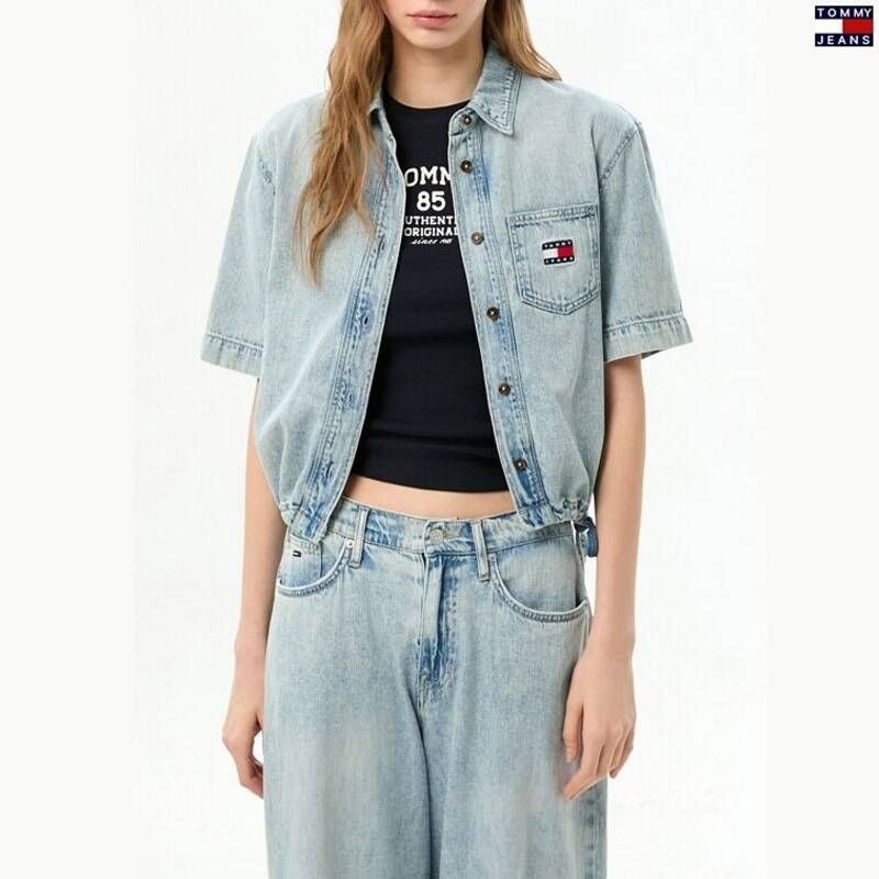 타미진스 타미진스 여성 크롭핏 허리 스트링 반팔 데님셔츠 T32G1NSH04TWL1 F6G8H3J1 P4Q9R2S5