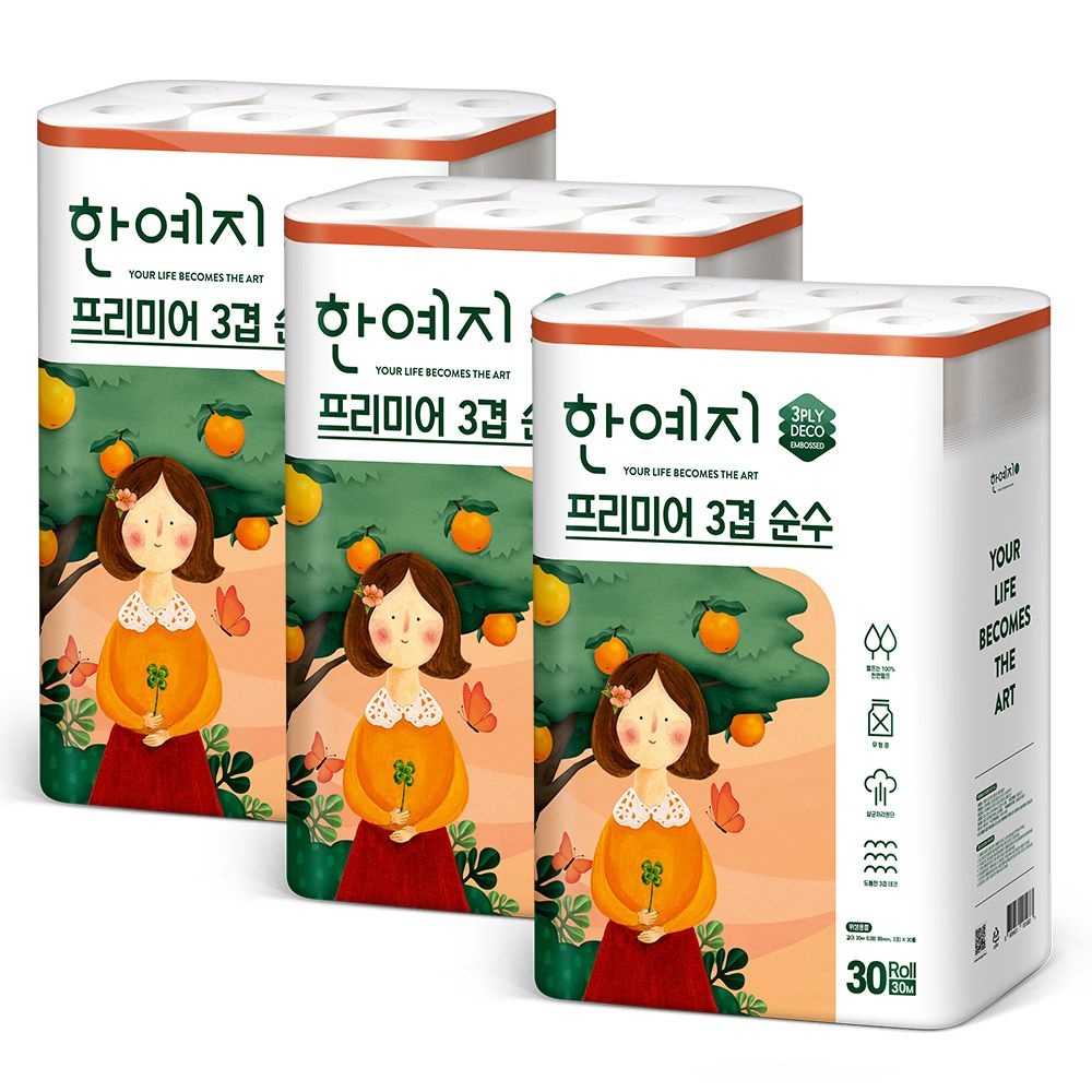 한예지 (현대Hmall) 프리미어 순수 3겹 천연펄프 화장지 30m 30롤 3팩