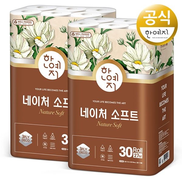 한예지 (현대Hmall) 한예지 네이처소프트 3겹 화장지 휴지 27m 30롤 2팩
