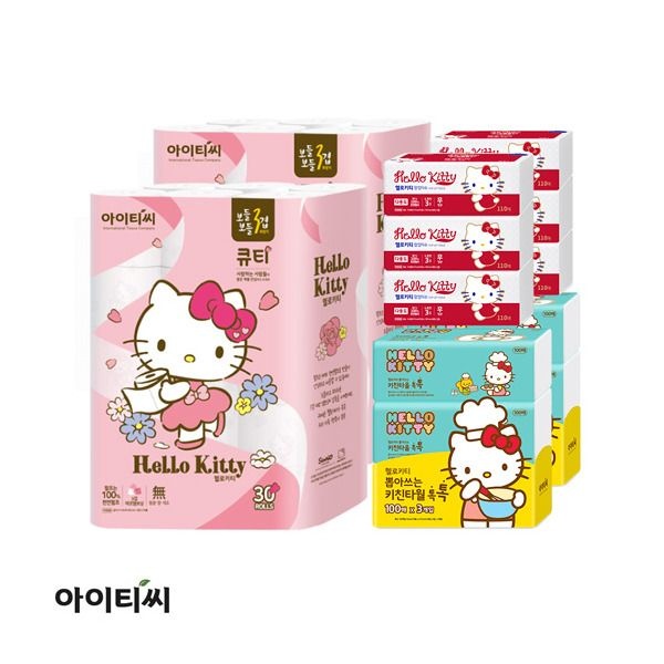 [(주)아이티씨] 무료배송 헬로키티 3겹 구성 알뜰세트 (롤화장지 30통 X 2개입+팝업티슈 110매 X 6개입 + 키친타