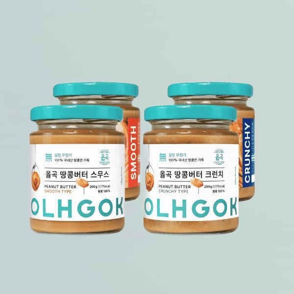 옳곡 국내산 100% 무첨가 무설탕 땅콩버터 200g 4개입 스무스 크런치 627063