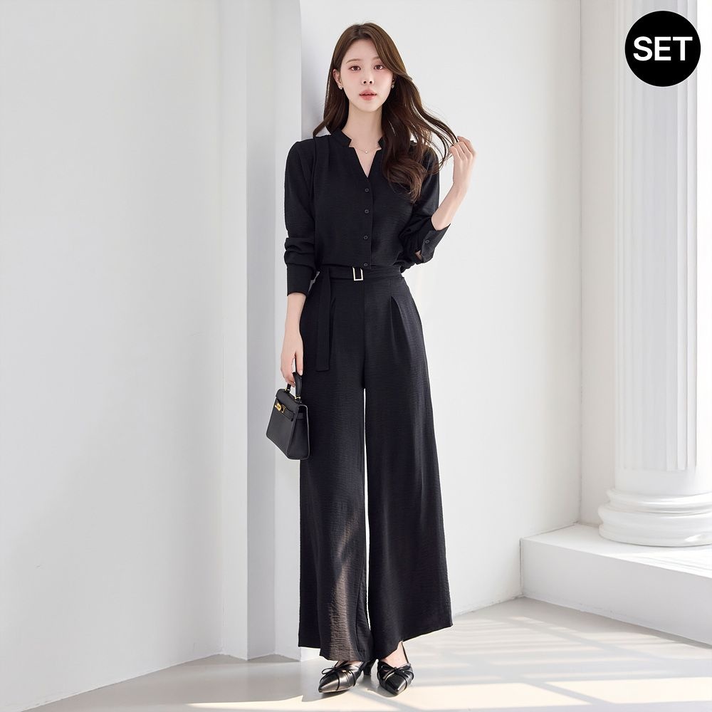 [모리스커밍홈] [SET]버튼 블라우스 벨트 와이드 슬랙스 세트_M2603SE025A