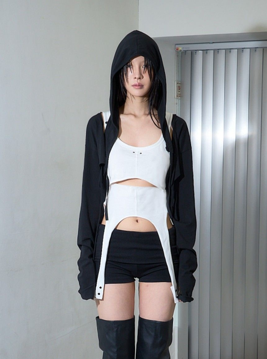 녹타브 후드 크롭 가디건 블랙 OUTER001