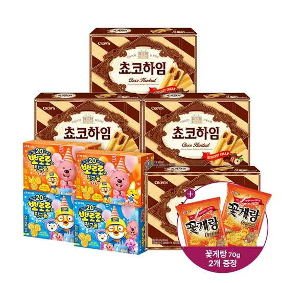 [빙그레X크라운 인기 스낵] 뽀로로와친구들(플레인/치즈맛) 65g 각 2개(총 4개)+쵸코하임 142g 4개+꽃게랑 70g 2봉 증정