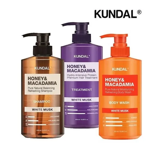 쿤달 허니앤마카다미아 화이트머스크 샴푸+트리트먼트+바디워시 500ml...
