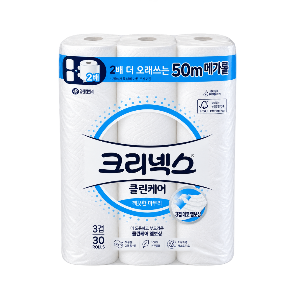 크리넥스 클린케어 아쿠아 메가롤 천연펄프화장지 3겹 50m 30롤