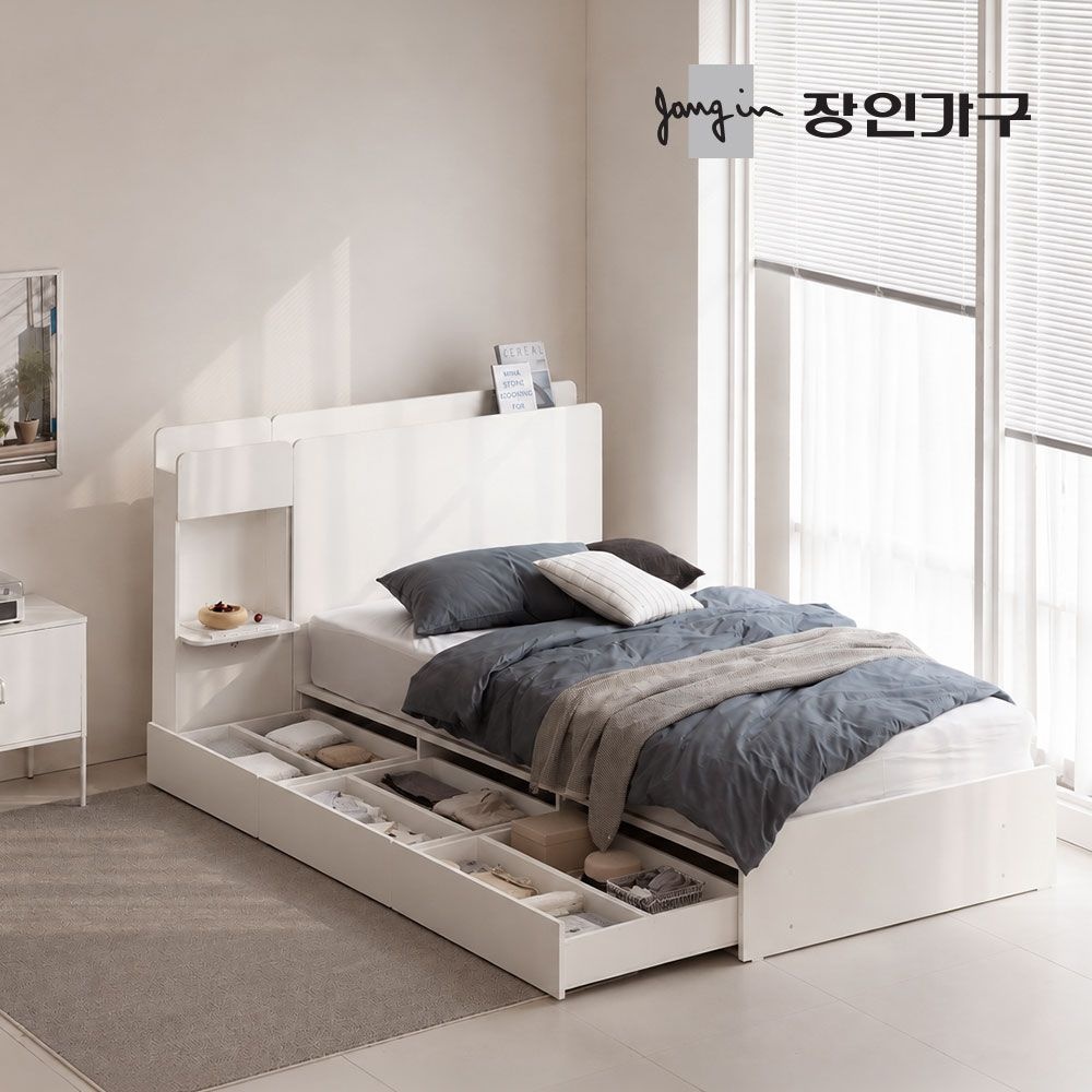 장인가구 리니에 LED 플랫헤드 6칸 빅수납 긴서랍 수납 침대프레임 SS (높이 240) +협탁1