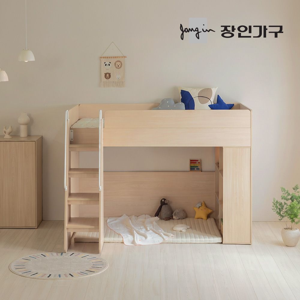 장인가구 도담 어린이 높은 2층 수납 벙커침대 책장형 침대프레임 SS (전면계단)+낮은포켓