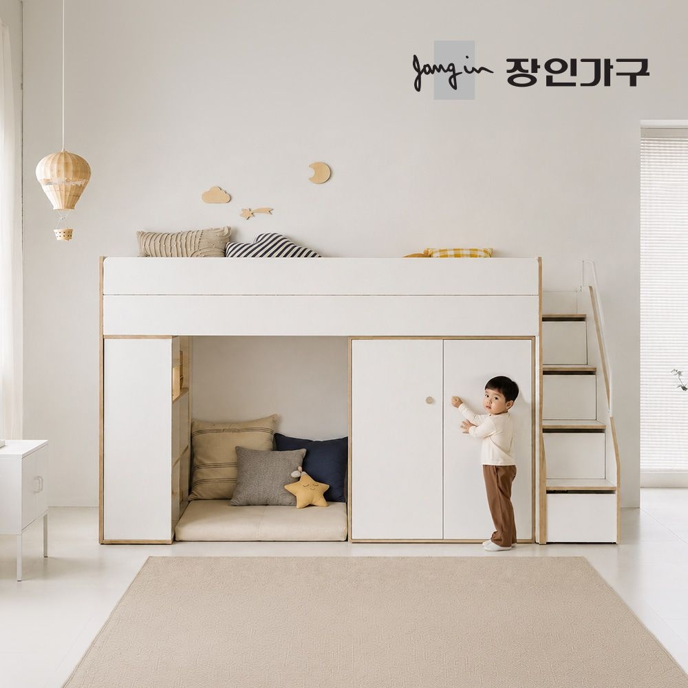 장인가구 도담 어린이 높은 2층 수납 벙커침대 책장+옷장형 침대프레임 SS (수납계단)
